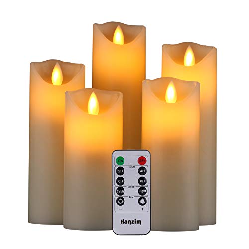 HANZIM LED Kerzen,Flammenlose Kerzen 250 Stunden Dekorations-Kerzen-Sulen im 5er Set.Realistisch flackernde LED-Flammen 10-Tasten Fernbedienung mit 24 Stunden Timer-Funktion (Ivory)