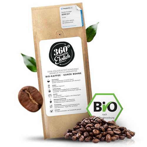 360° Premium Bio Kaffeebohnen 500g, 100% Honduras Hochland Arabica Kaffeebohnen Bio - Köstlich, mild, säurearm - Bio Kaffee ganze Bohnen - Ideal als Kaffeebohnen Vollautomat - 360° Rundum Ehrlich